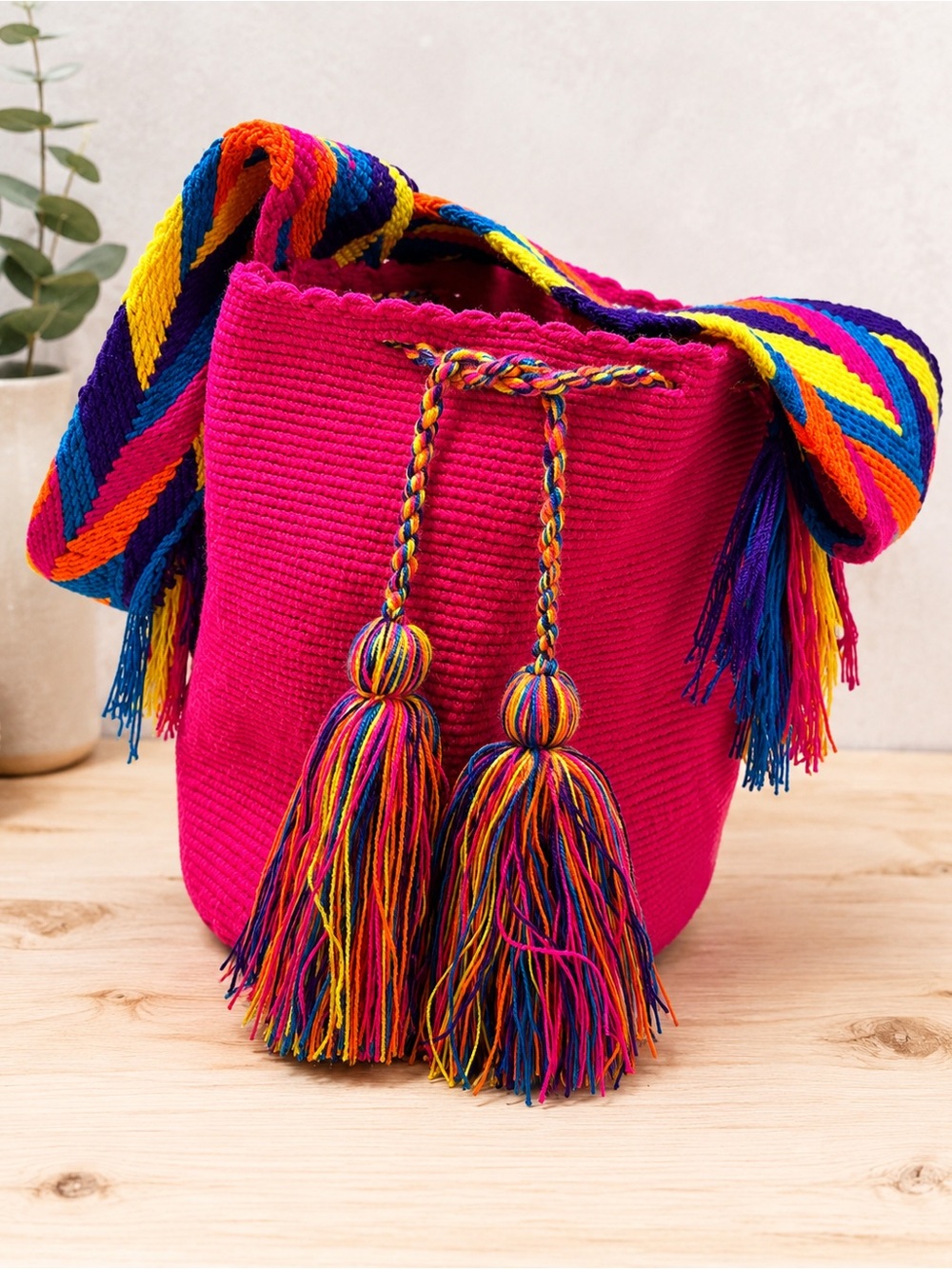 Hot Pink Multicolor Woven Mochila Bucket Bag with Tassels